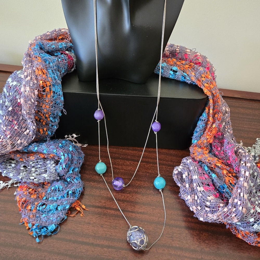 Vintage 1980s Double‑Strand Silvertone Necklace – Turquoise & Purple Beads